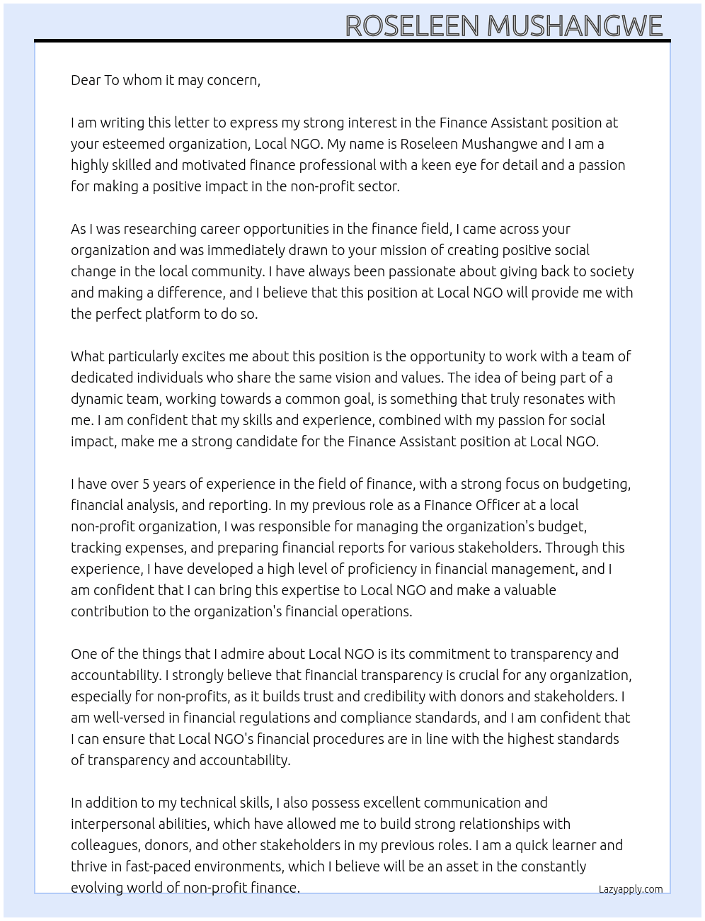 Finance Assistant  At Local NGO Cover Letter