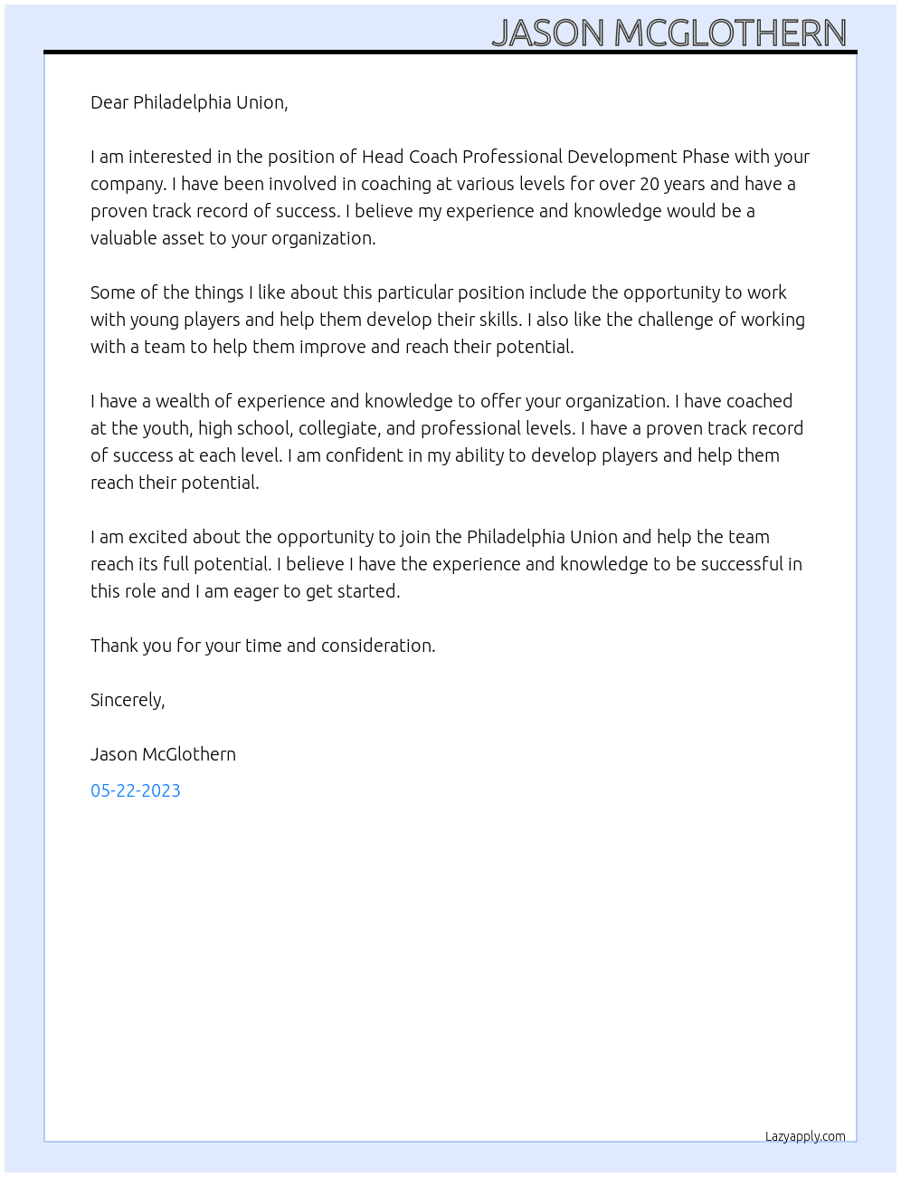 Head Coach Professional Development Phase  At Philadelphia Union  Cover Letter