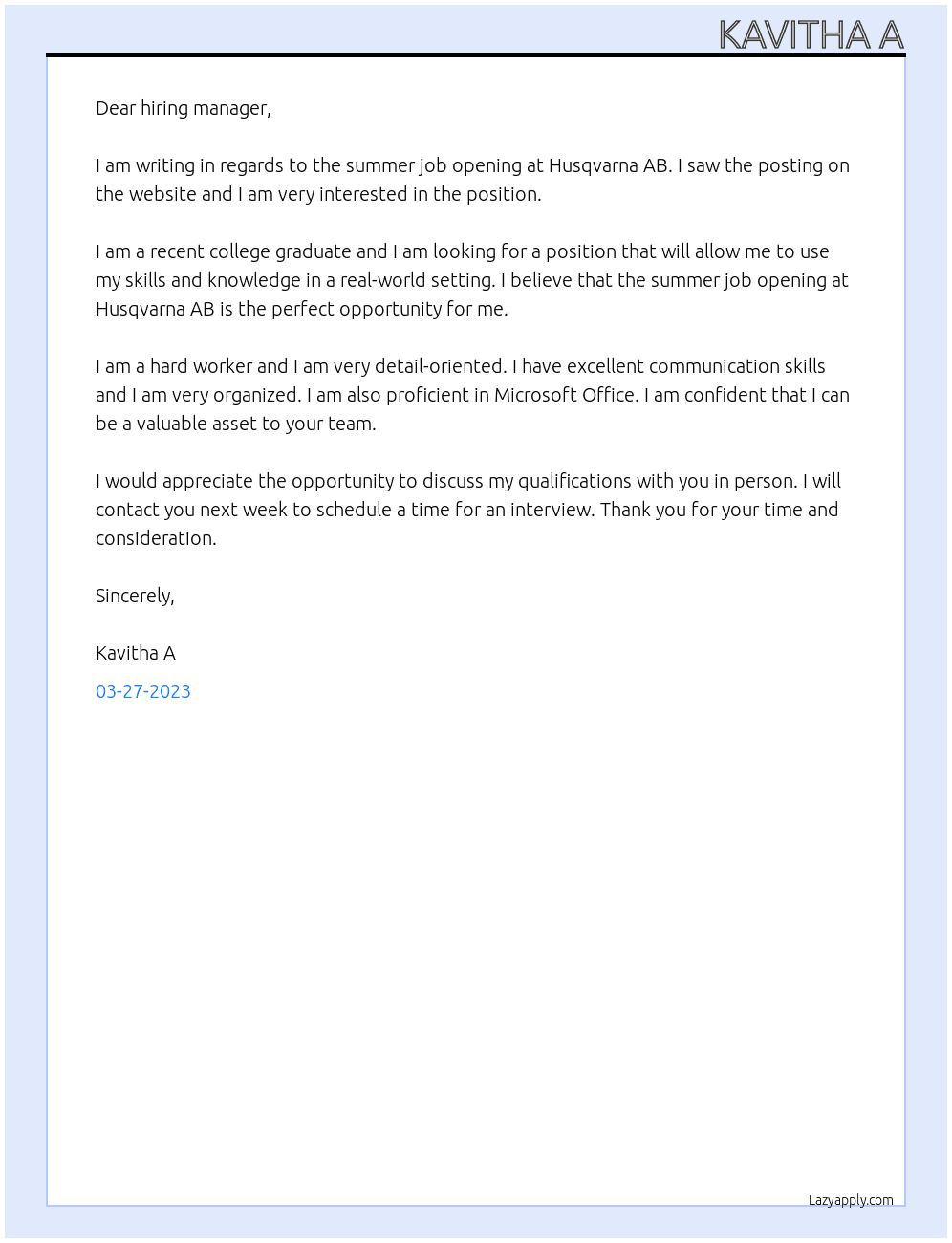 Summer job At Husqvarna AB Cover Letter