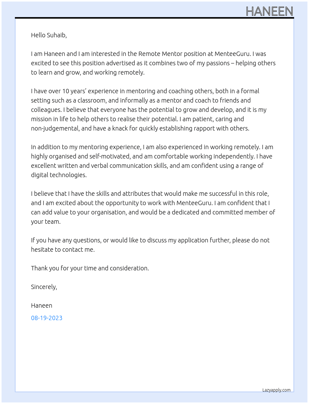Remote Mentor At MenteeGuru Cover Letter
