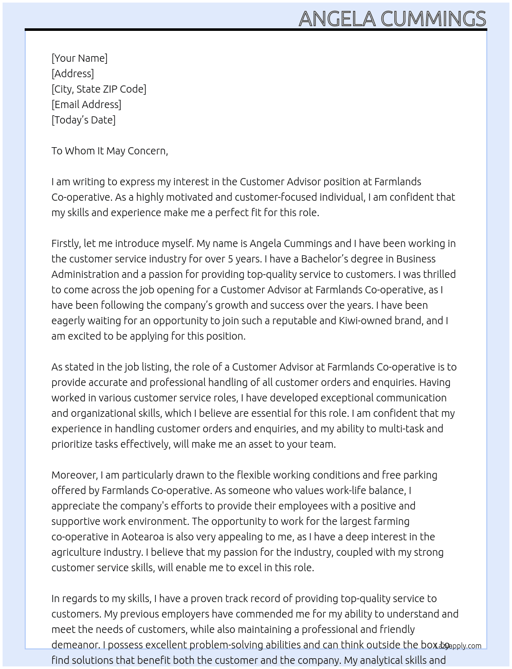 Customer Advisor At Farmlands Co-operative Cover Letter