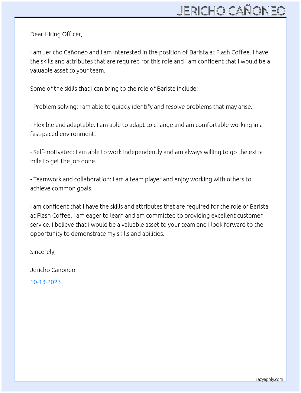 Barista At Flash Coffee Cover Letter