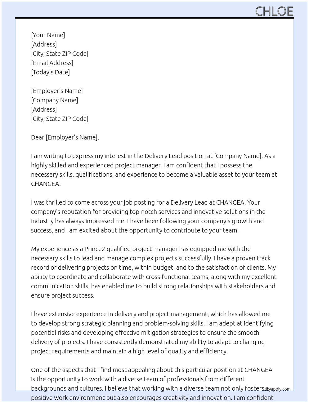 Delivery Lead At CHANGEA Cover Letter