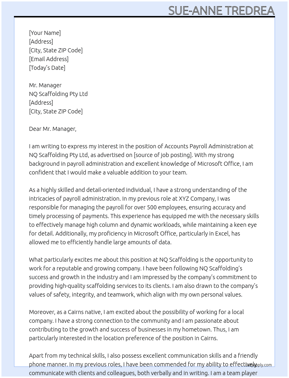 Accounts Payroll Administration  At NQ Scaffolding Pty Ltd Cover Letter