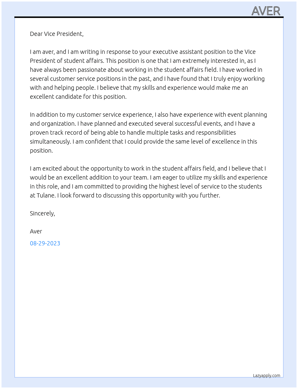 Executive assistant to the Vice President of student affairs At Tulane  Cover Letter