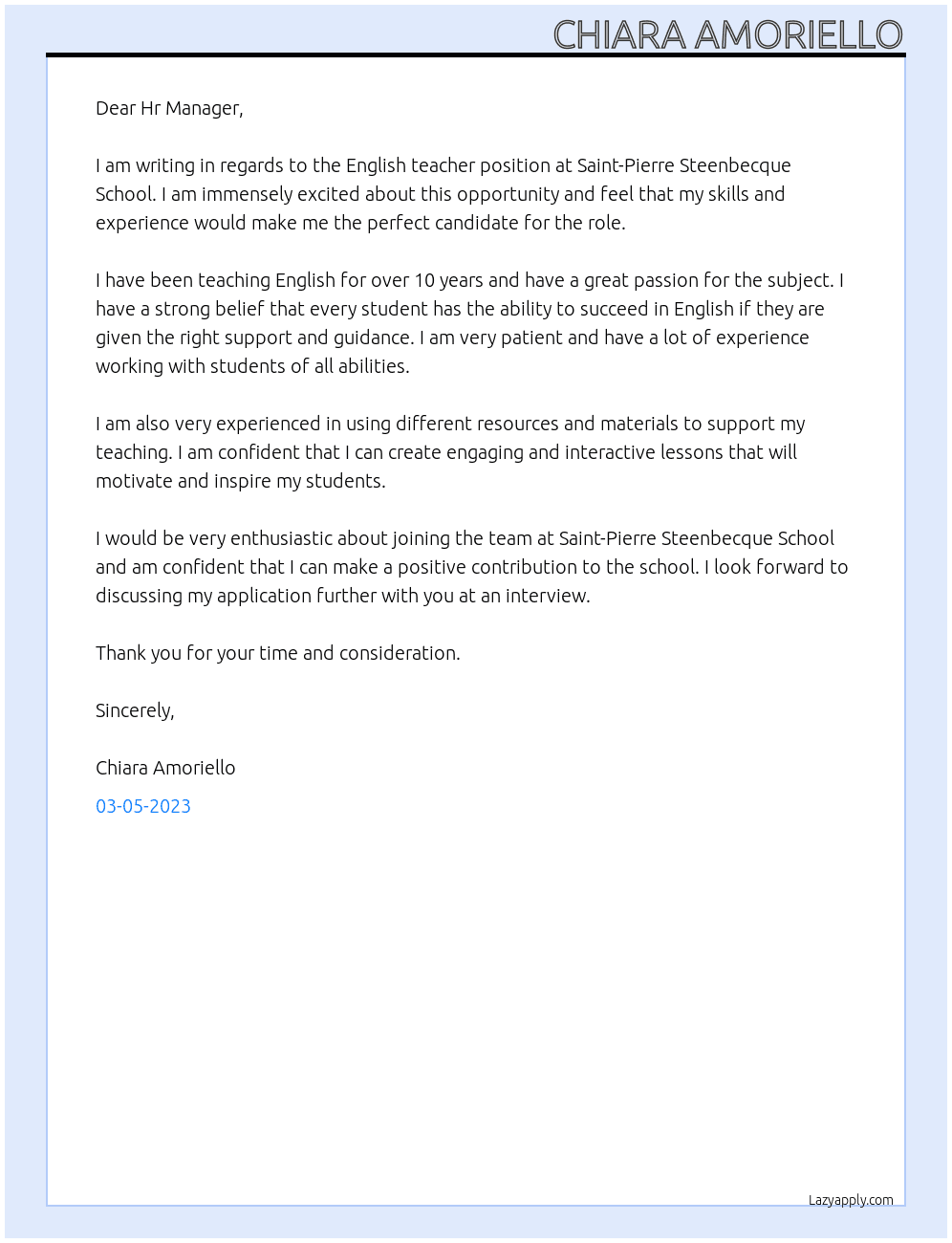 English teacher At Saint-Pierre Steenbecque School Cover Letter