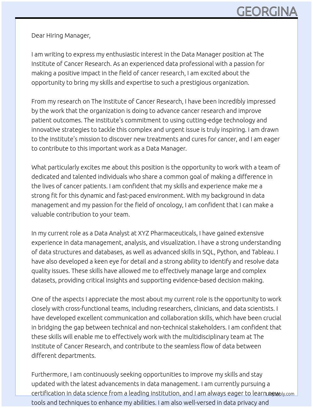 Data manager At The Institute of Cancer Research Cover Letter