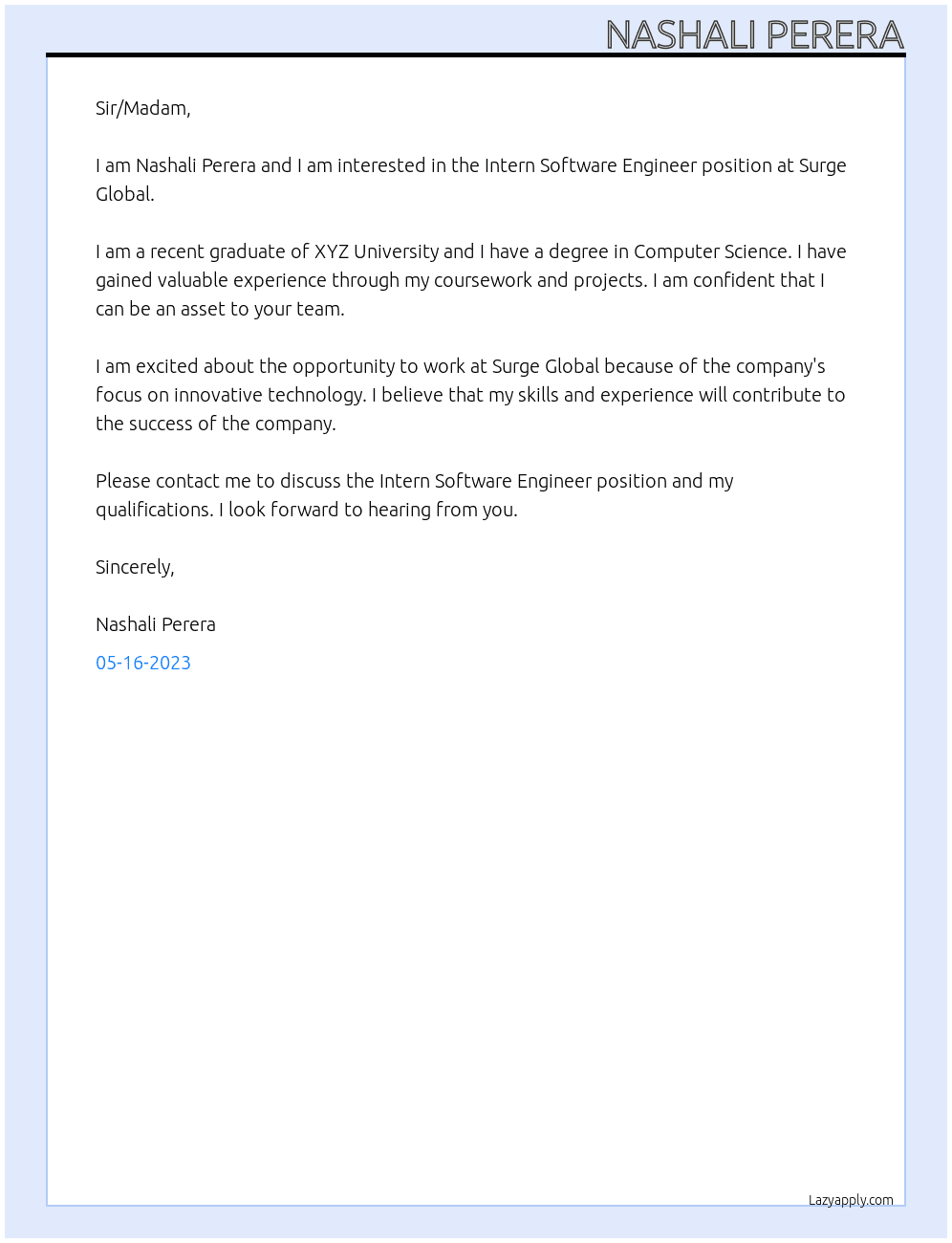 Intern Software Engineer At Surge Global Cover Letter