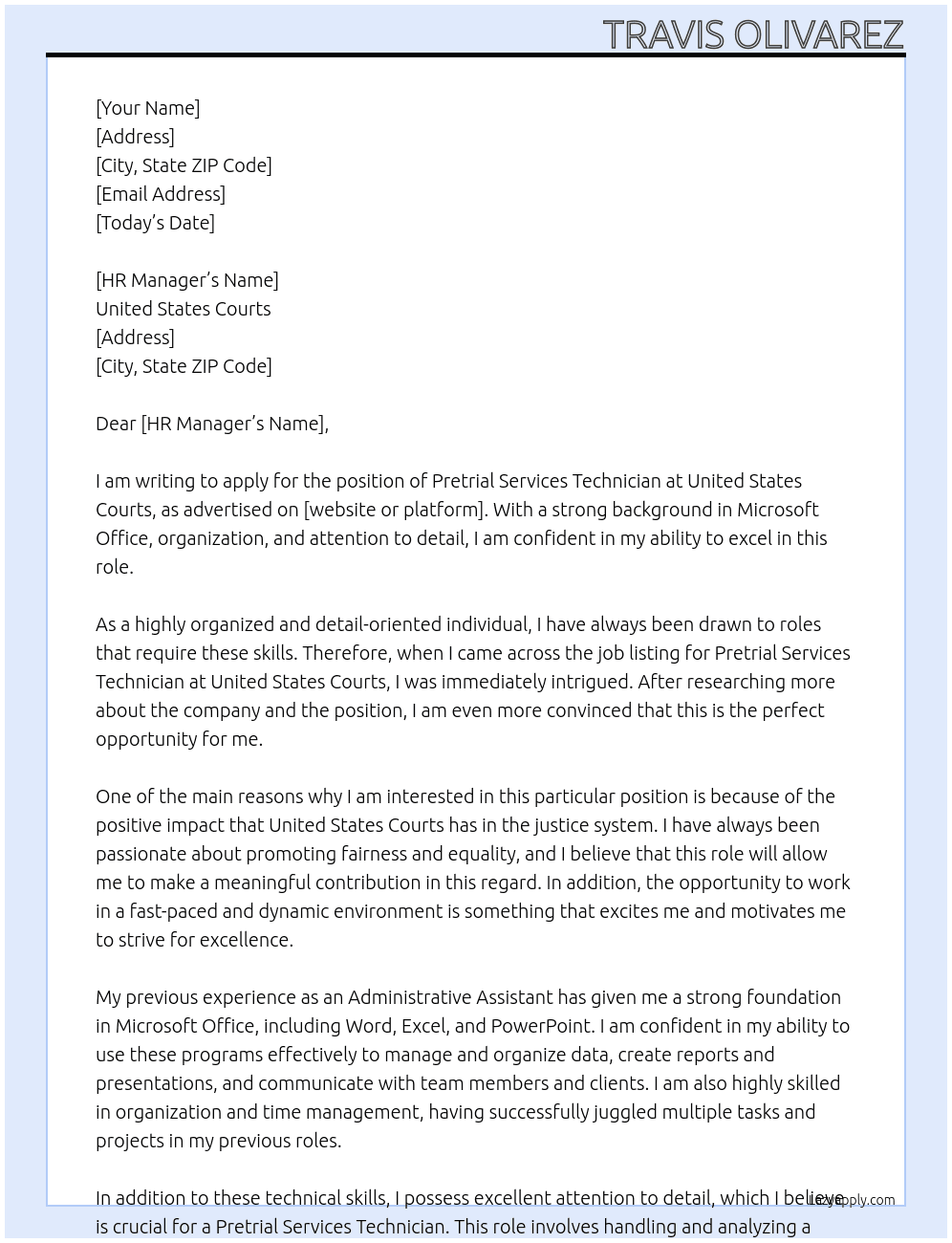 Pretrial Services Technician At United States Courts Cover Letter