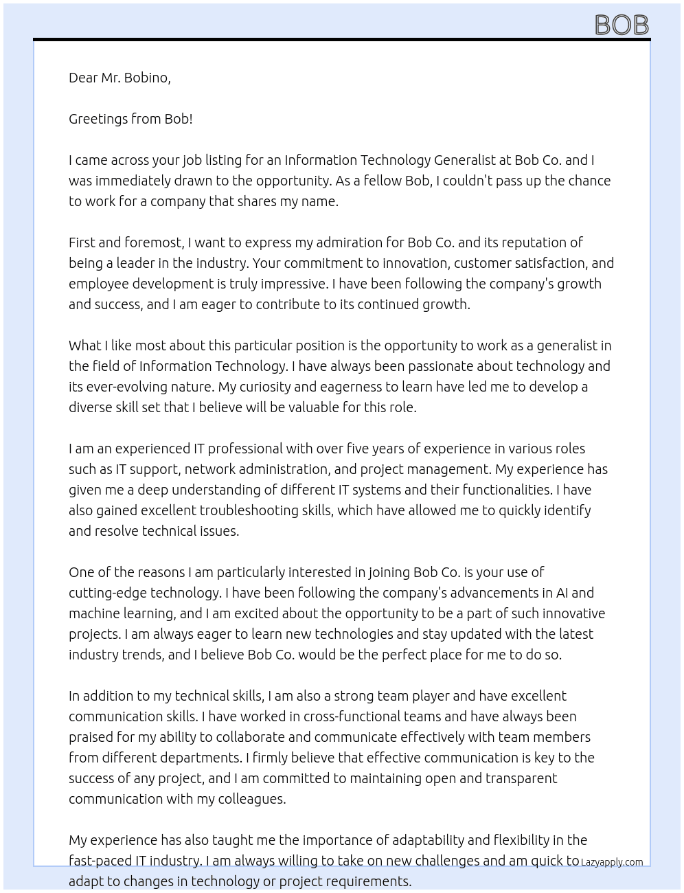 Information Technology Generalist At Bob Co. Cover Letter