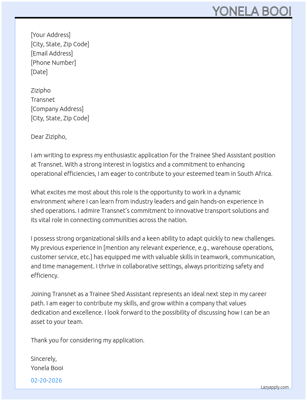 Trainee shed assistant At Transnet Cover Letter