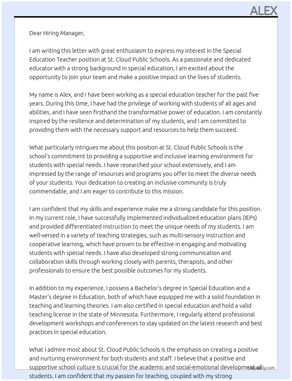 Special Education Teacher At St. Cloud Public Schools Cover Letter