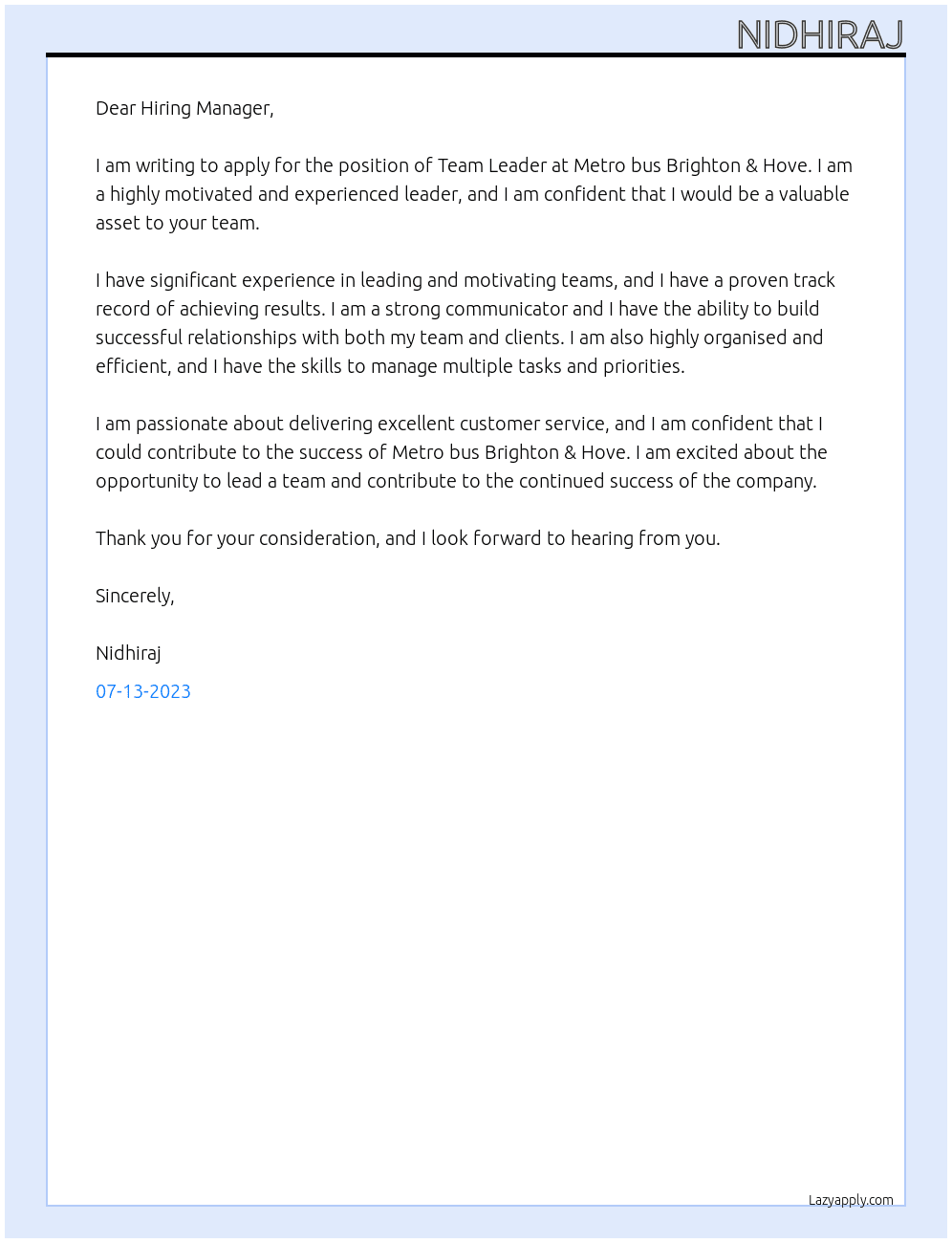 Team Leader At Metro bus Brighton & Hove Cover Letter