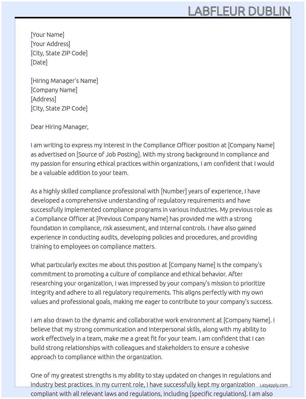 Compliance Officer  At Compliance Officer  Cover Letter