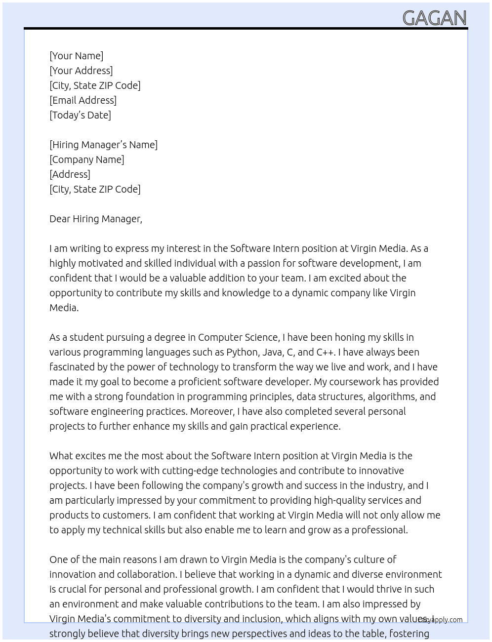 Software Intern At Virgin Media Cover Letter