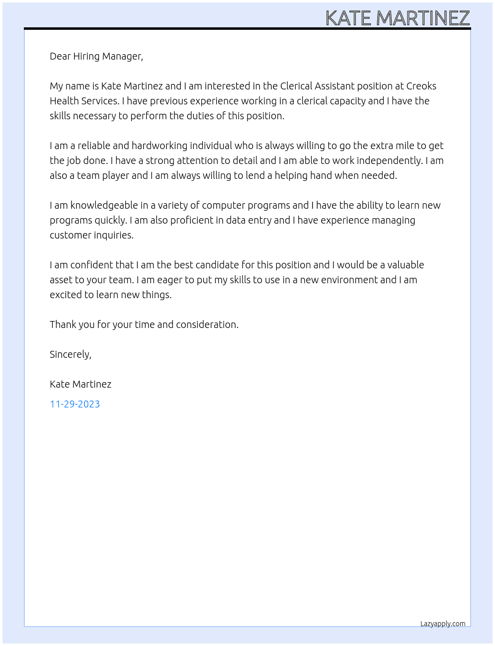 Clerical Assistant At Creoks Health Services Cover Letter