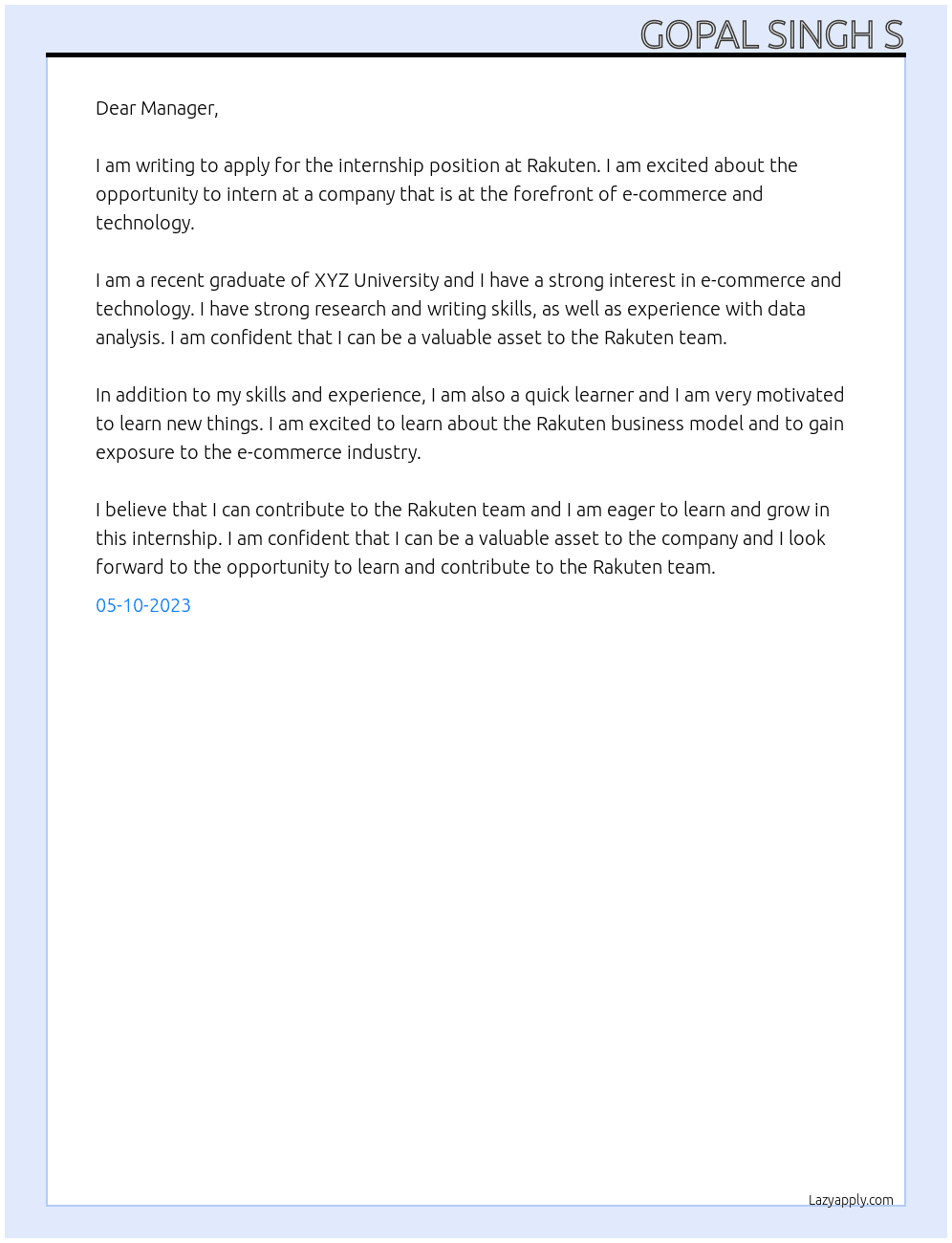Internship At Rakuten Cover Letter