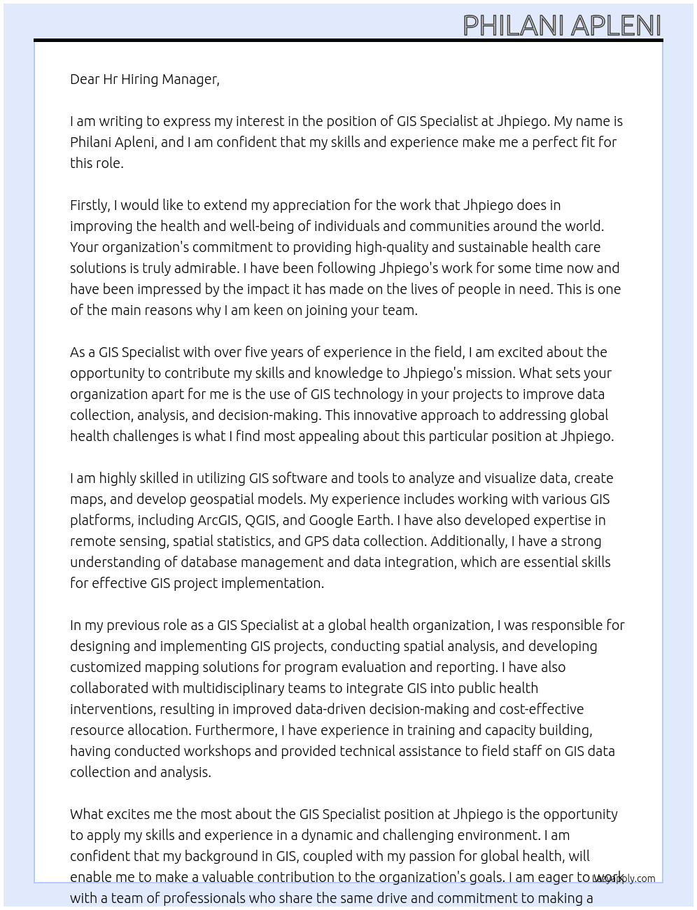 GIS Specialist At Jhpiego Cover Letter