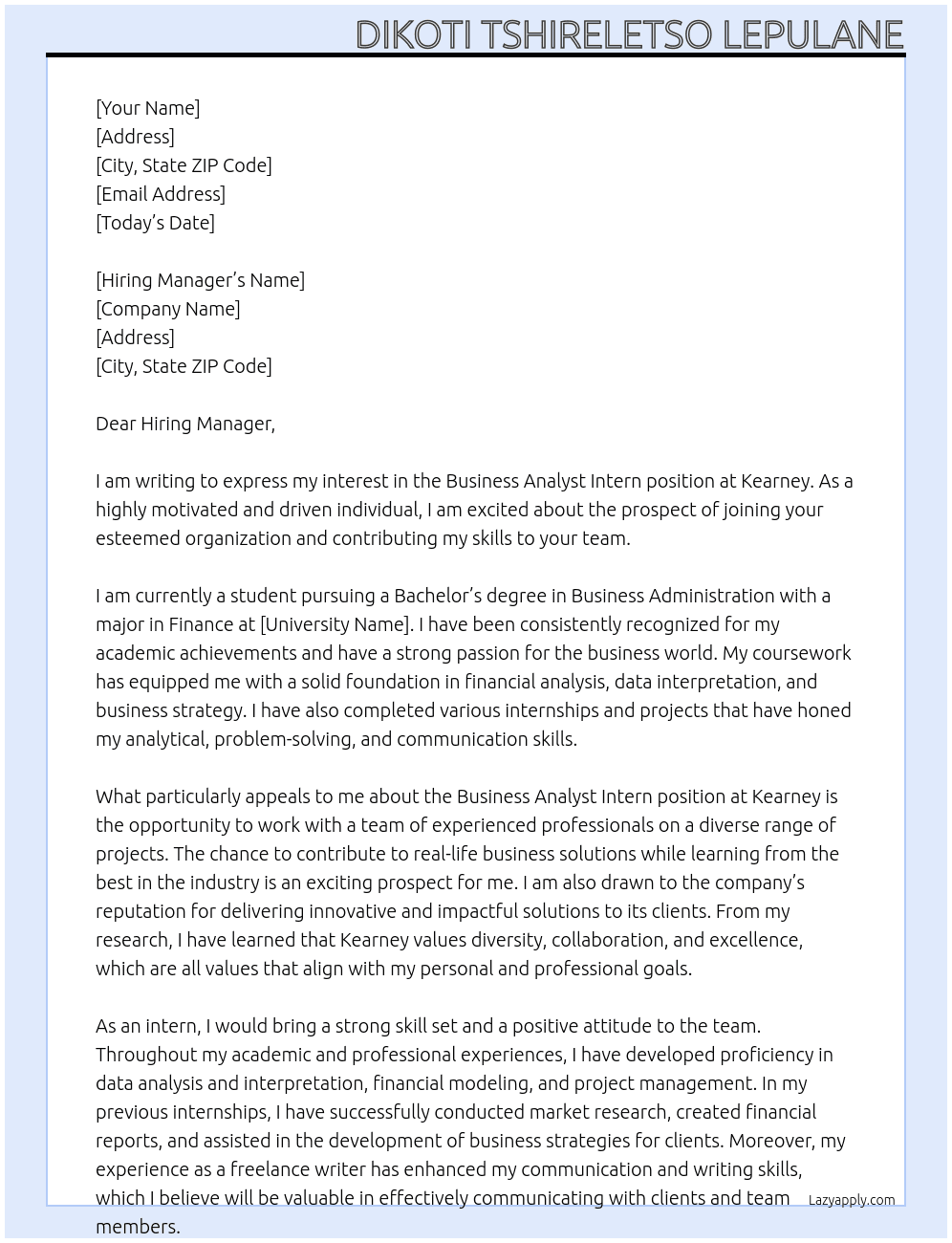 Business analyst intern At kearney Cover Letter