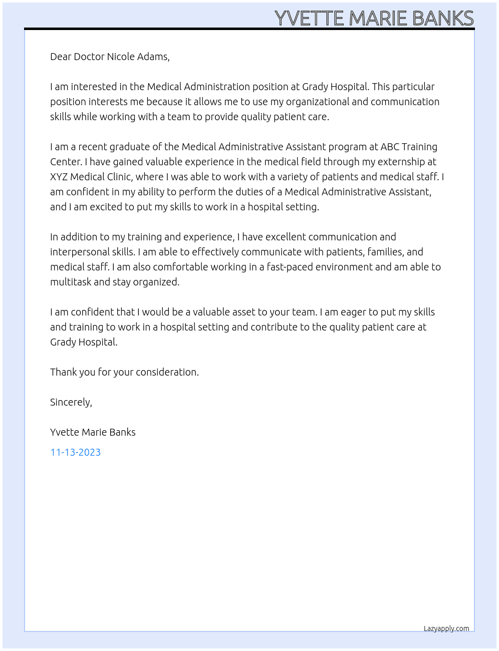 Medical Administration At Grady Hospital Cover Letter