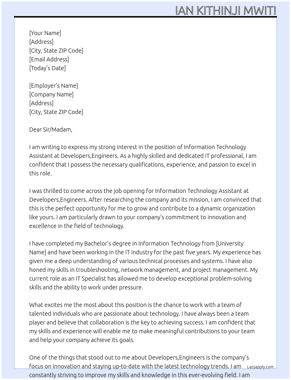 Information Technology Assistant At Developers,Engineers Cover Letter