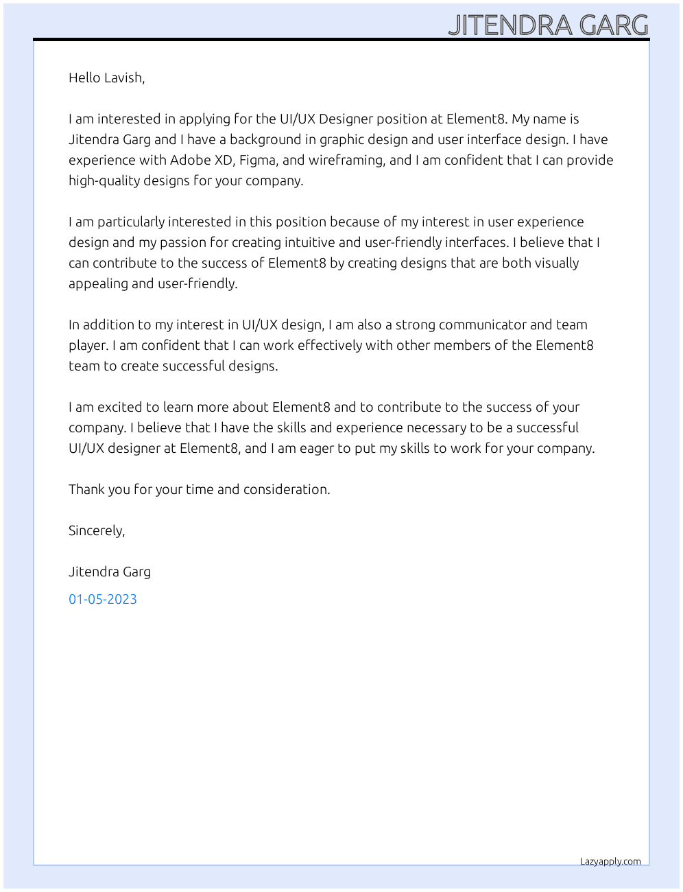 UI/UX Designer At Element8 Cover Letter