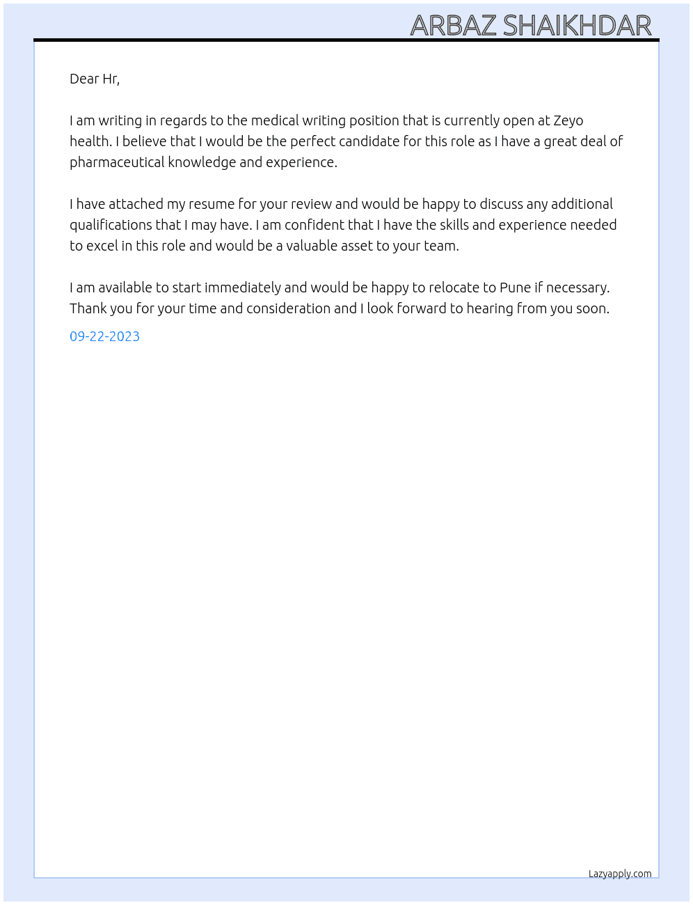 Medical writing  At Zeyo health  Cover Letter