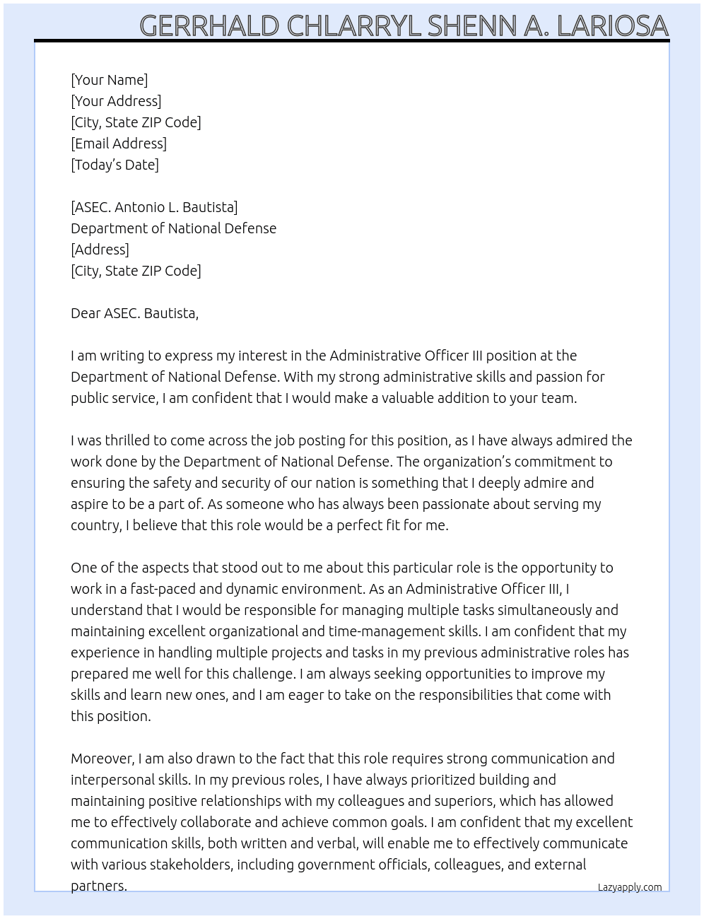 administrative officer iii At Department of National Defense Cover Letter