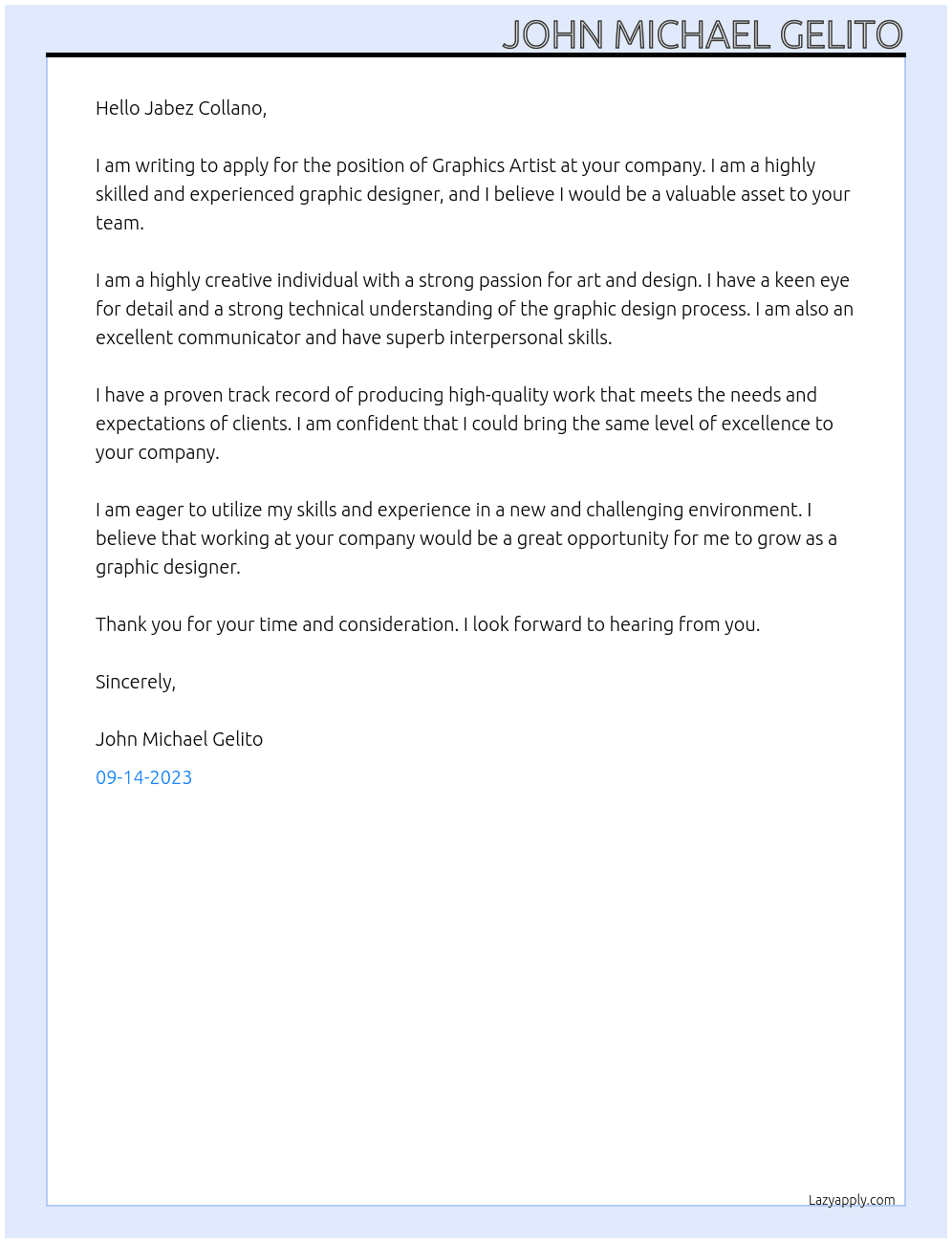 Graphics Artist  At  Jabez Collano Cover Letter