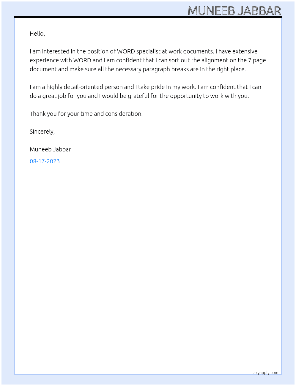 I need someone who specialises in WORD to sort out the alignment on a 7 page document and make sure all the necessary paragraph breaks are in the right place. At work docoments Cover Letter