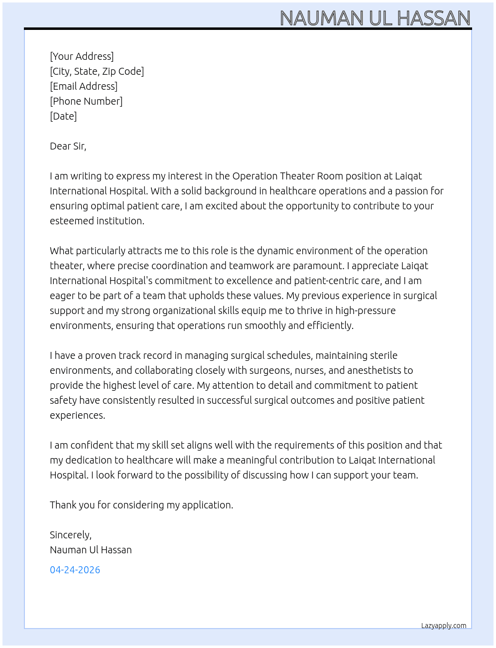 Operation Tehter Room At Laiqat international Hospital Cover Letter