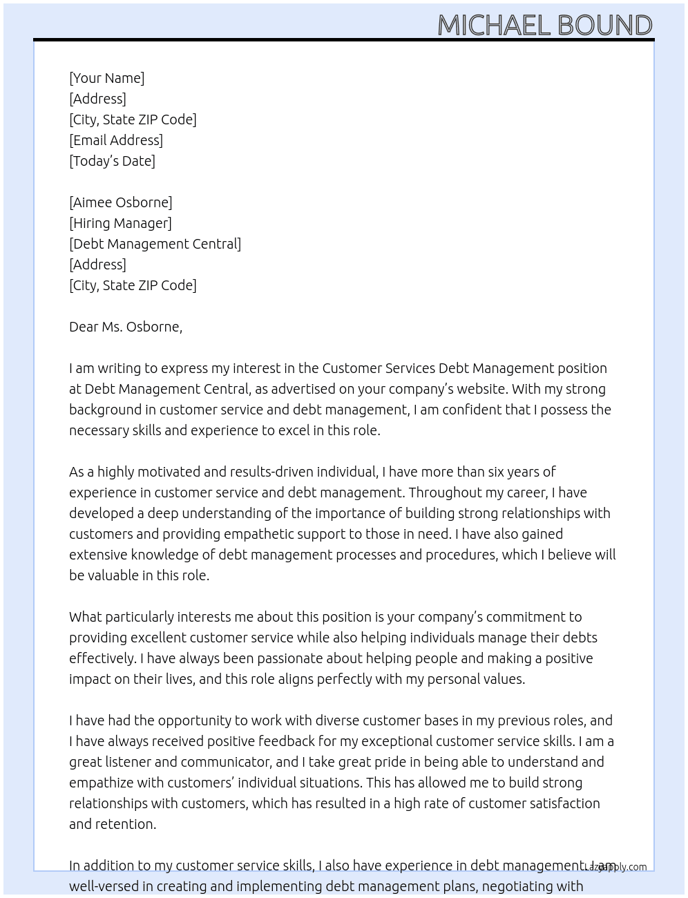 Customer Services Debt Management At Debt Management Central Cover Letter