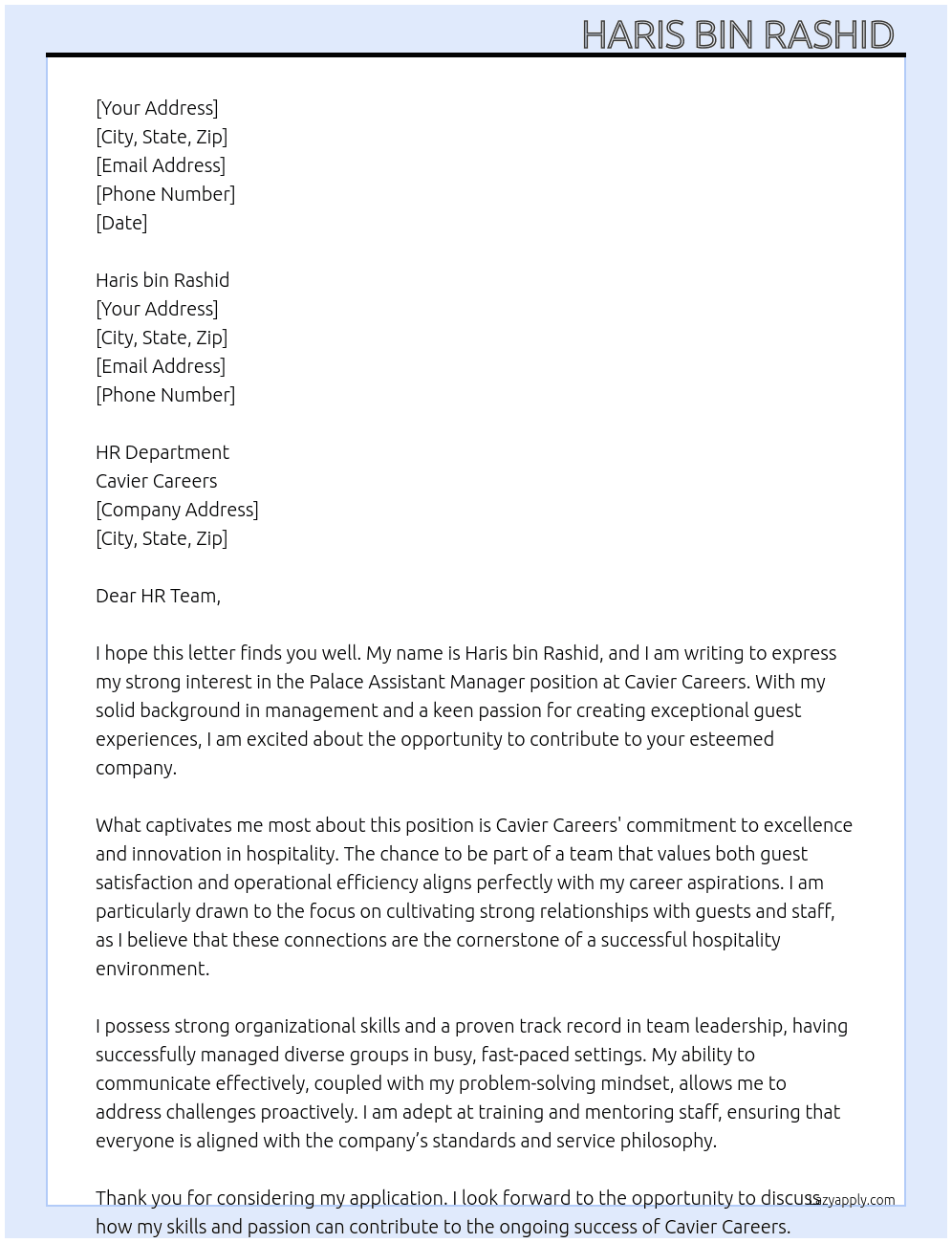 Palace assistant manager  At Cavier careers  Cover Letter