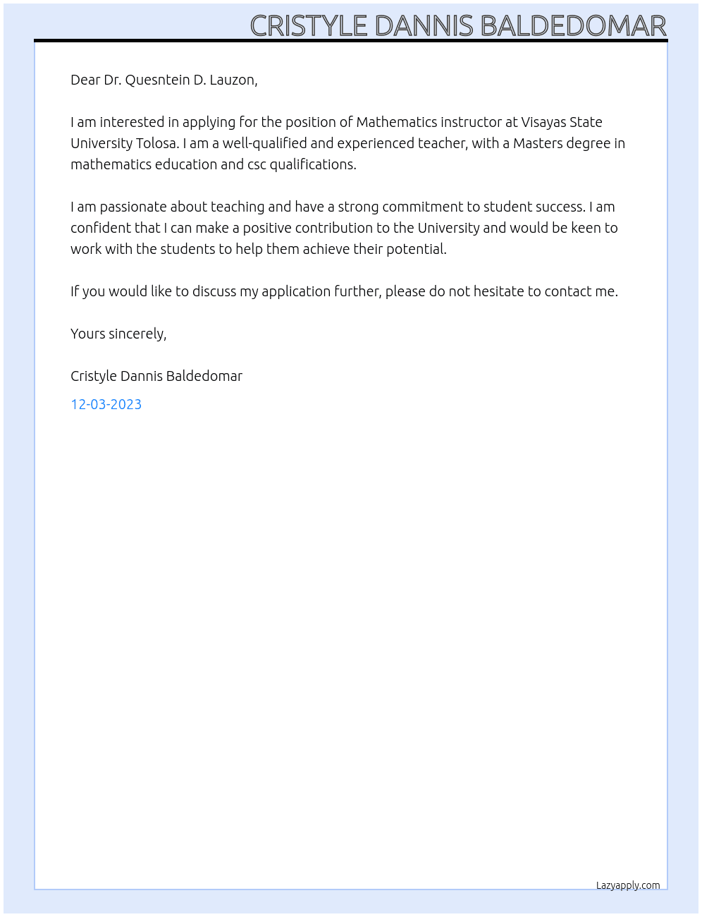 Mathematics instructor  At Visayas State University Tolosa Cover Letter
