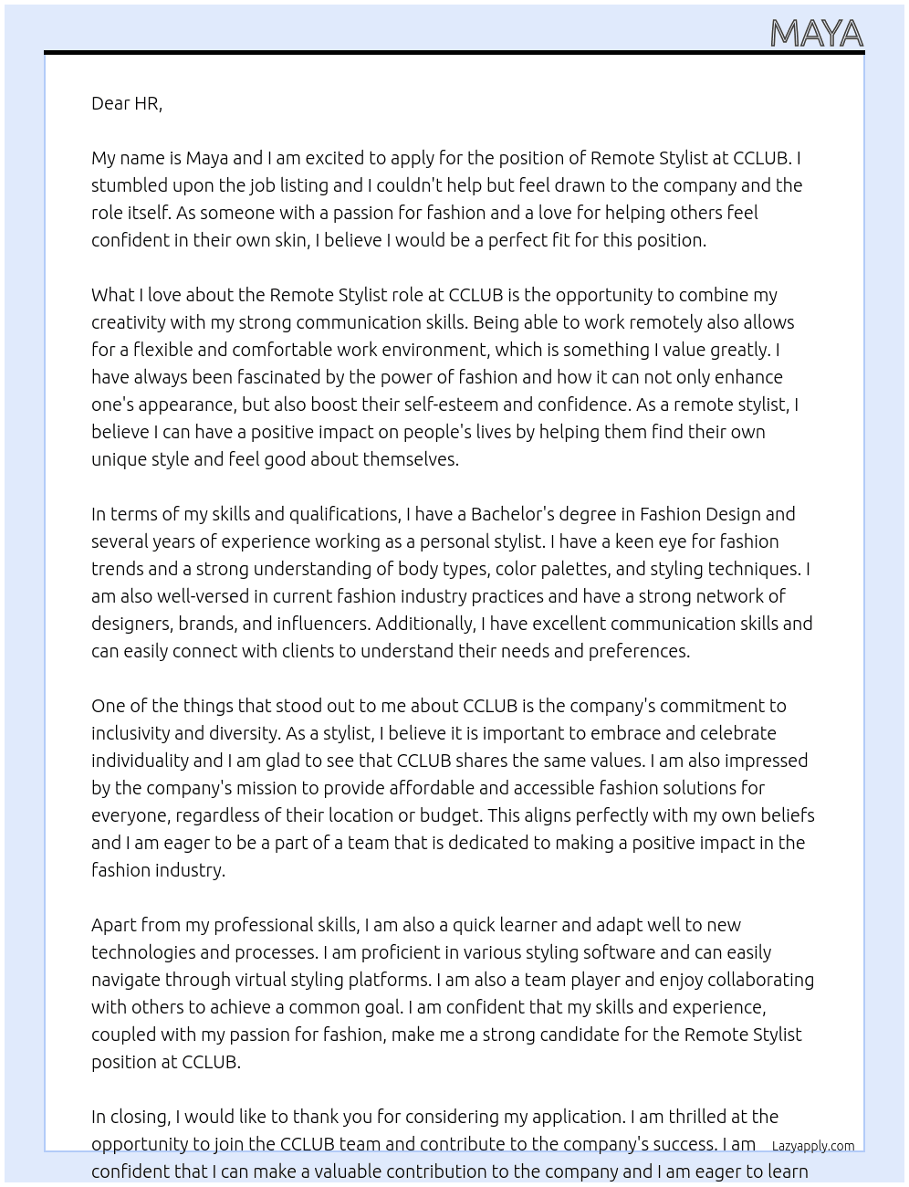Remote Stylist At CCLUB Cover Letter