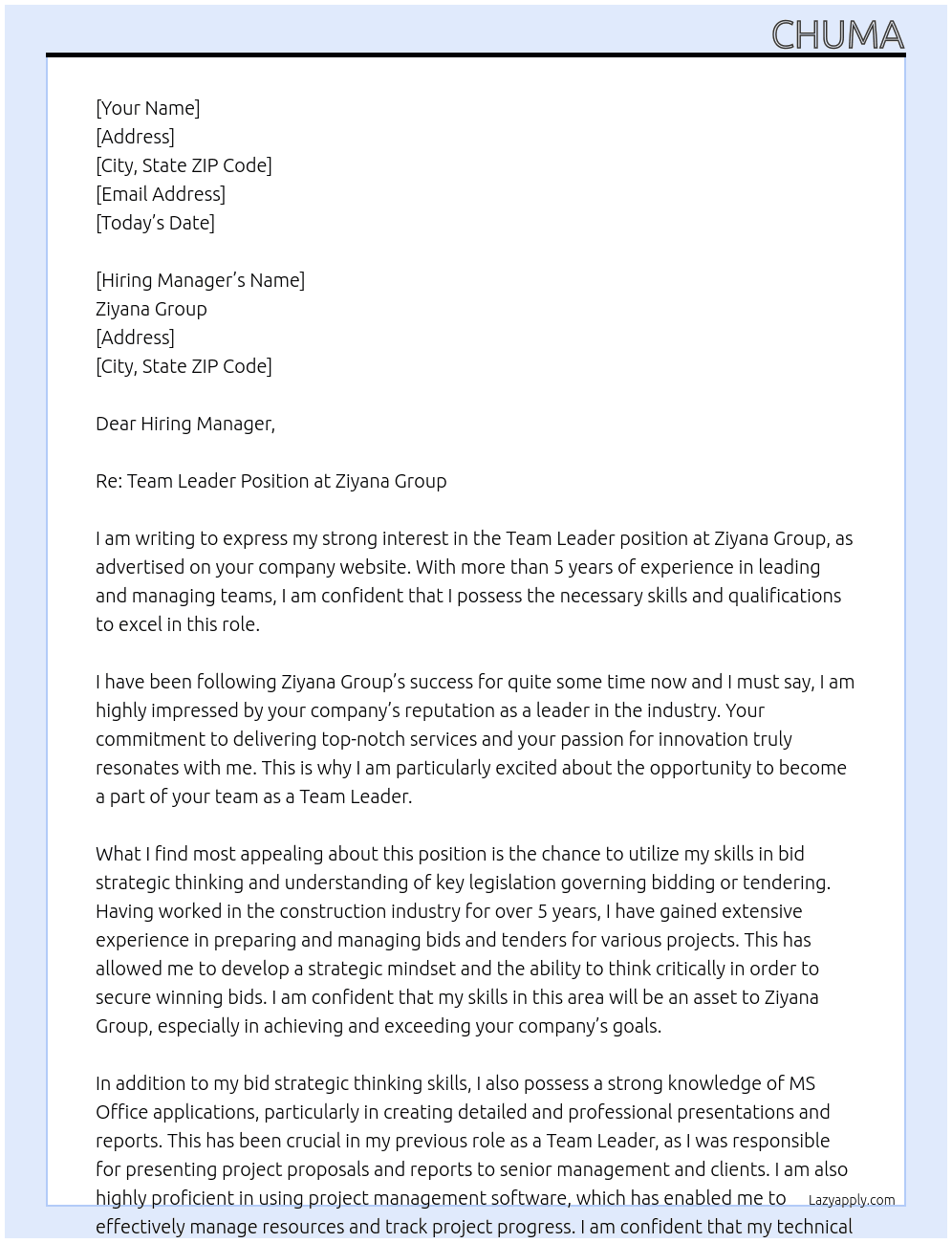 team leader At  Ziyana Group Cover Letter
