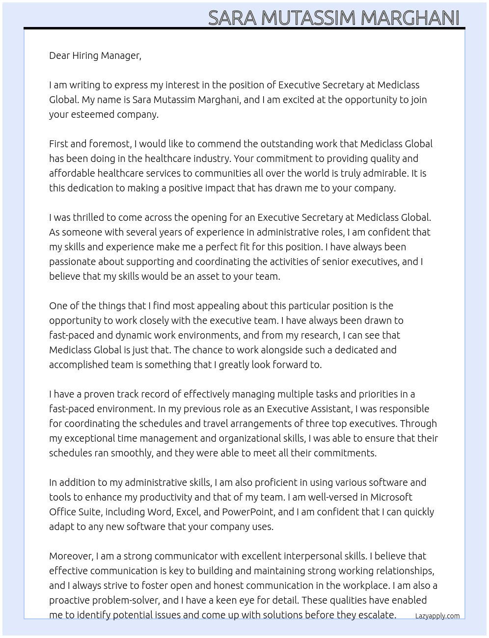 executive secretary  At mediclass global  Cover Letter