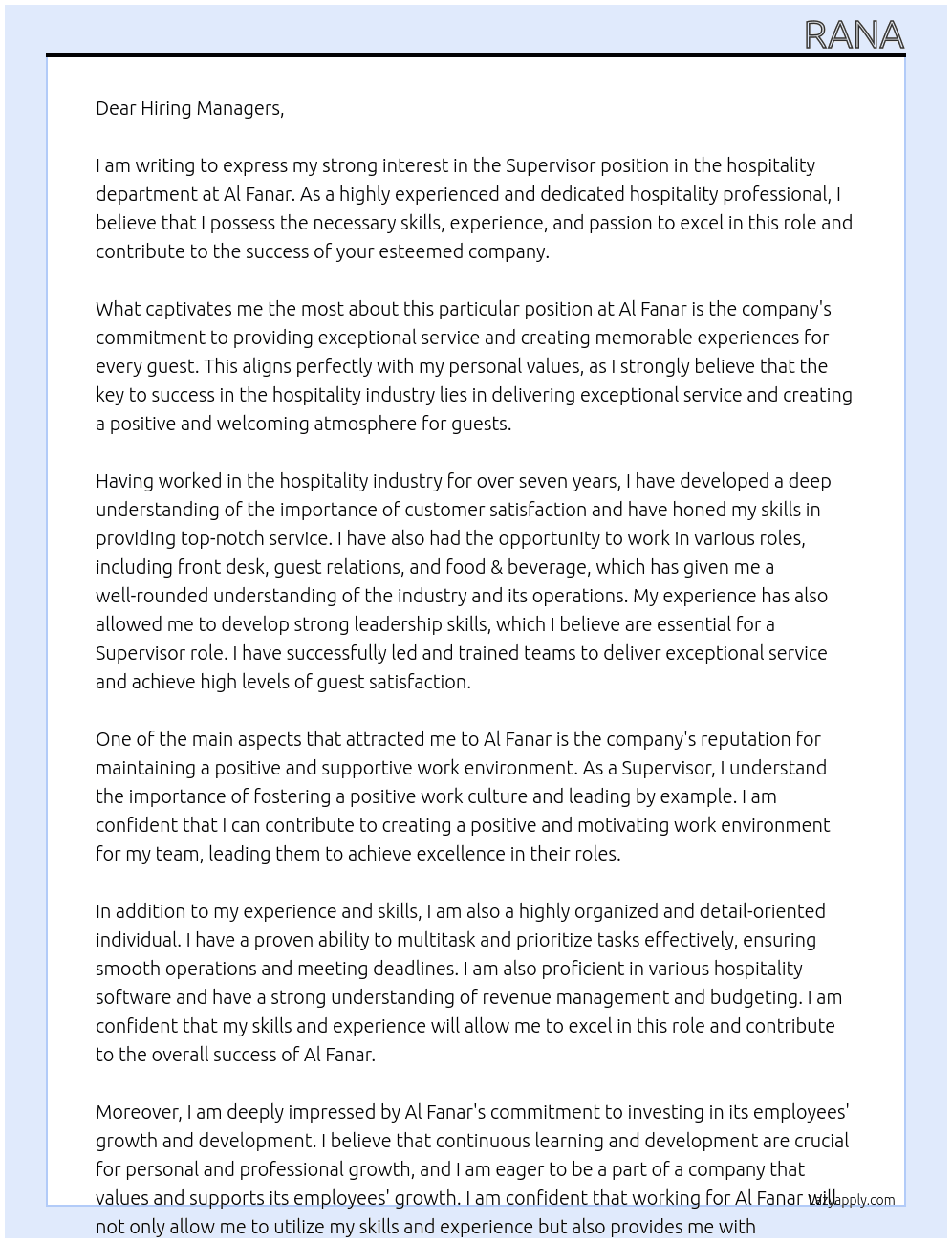Supervisor, hospitality  At Al Fanar  Cover Letter