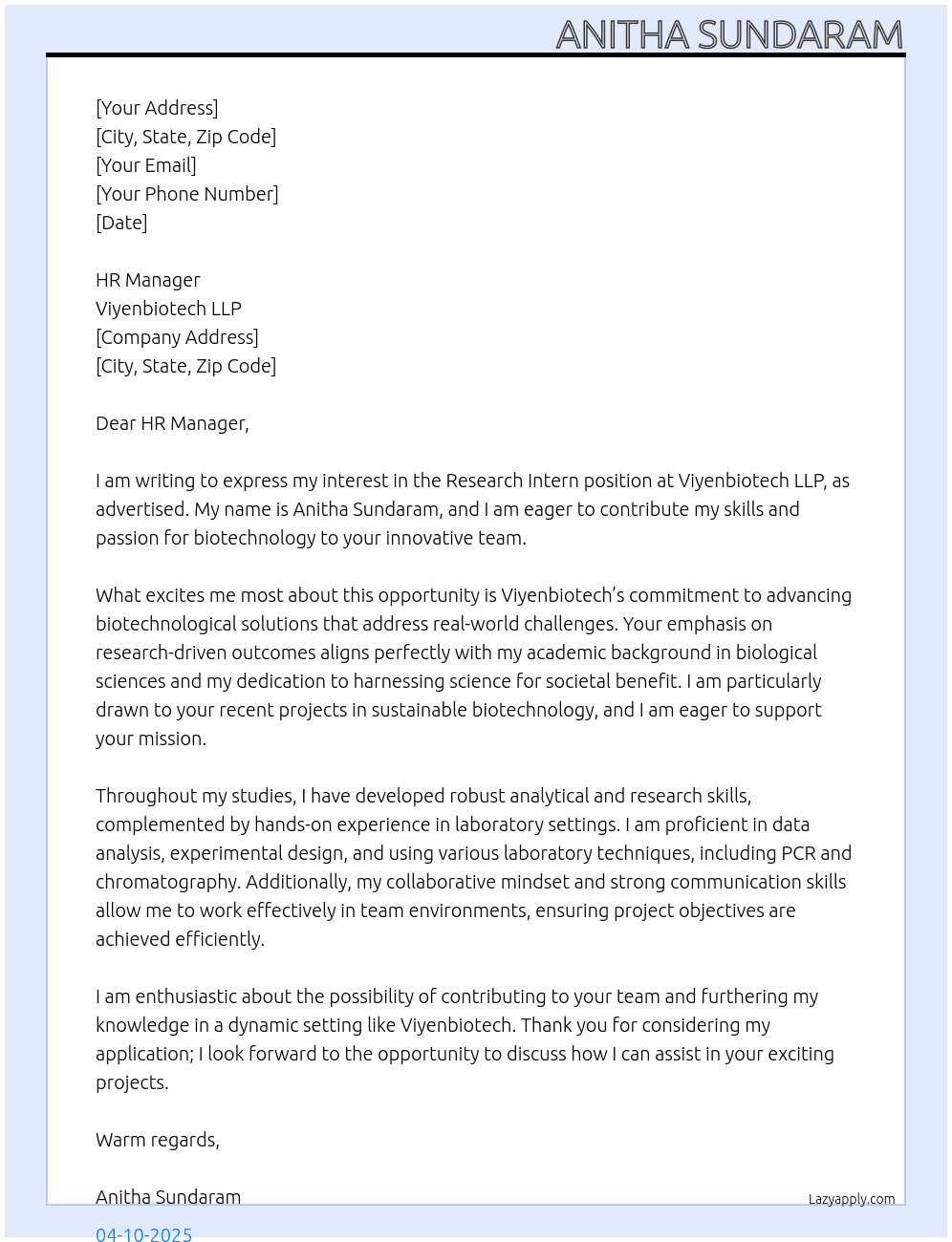 Research intern  At Viyenbiotechllp  Cover Letter