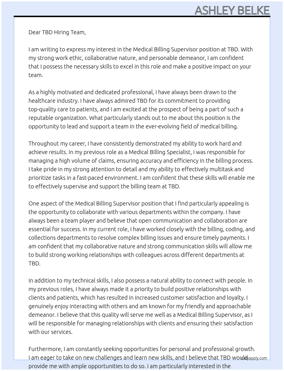 Medical billing supervisor  At TBD Cover Letter