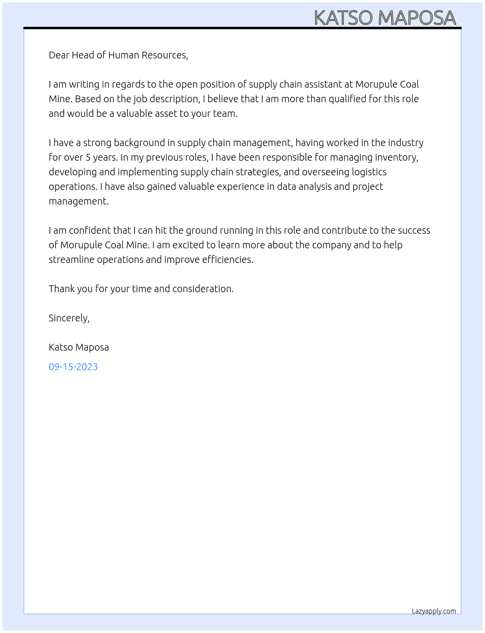 Supply chain assistant At MORUPULE COAL MINE Cover Letter