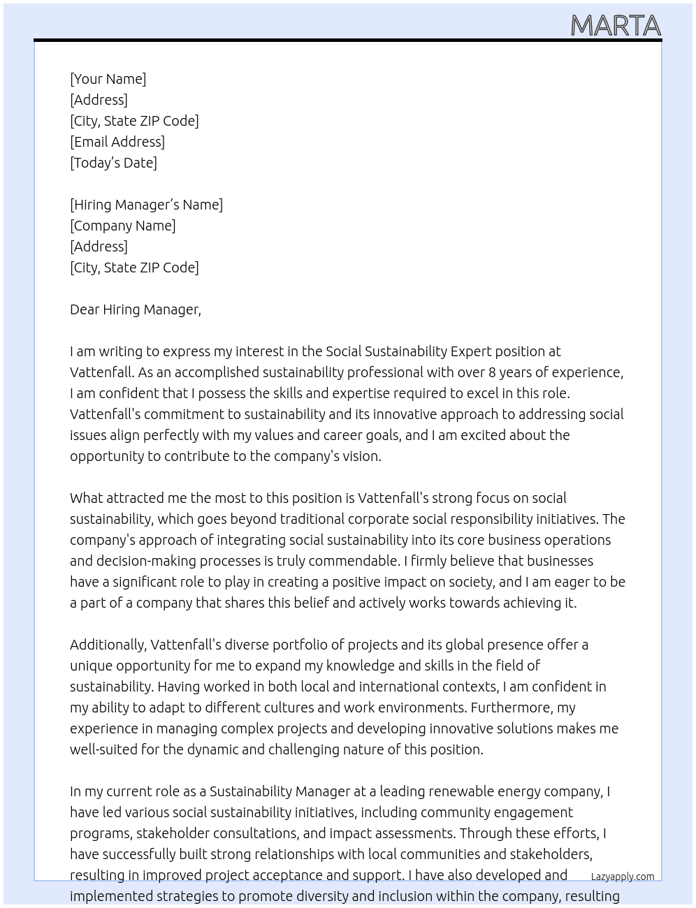 Cover letter for social sustainability expert - LazyApply