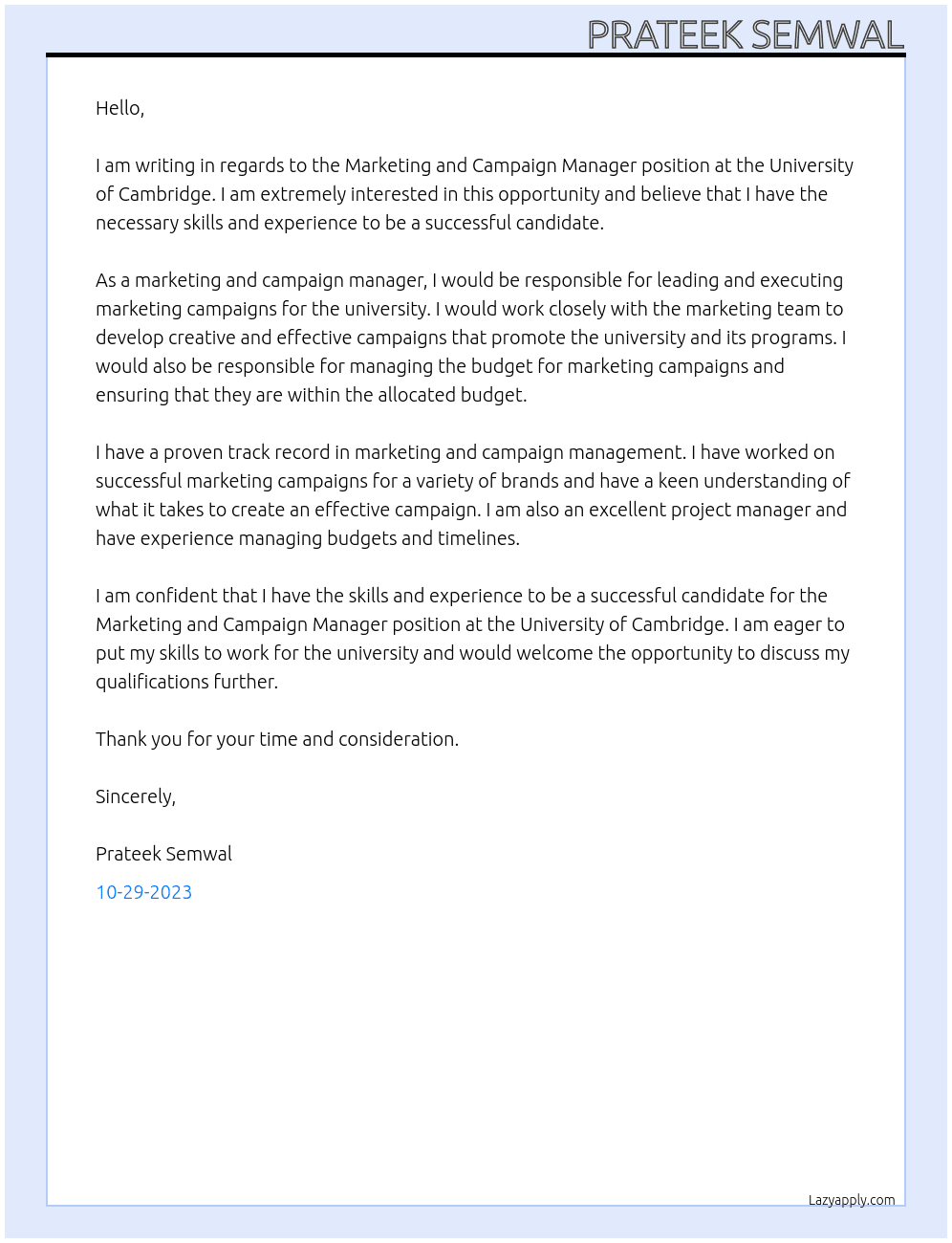 Marketing and Campaign Manager At University of Cambridge Cover Letter