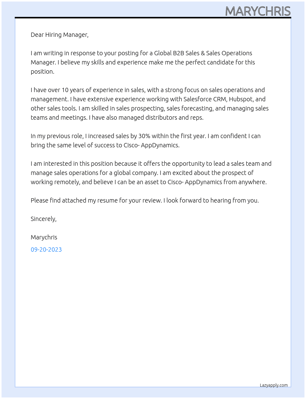 Global B2B Sales & Sales Operations Manager At Cisco- AppDynamics Cover Letter