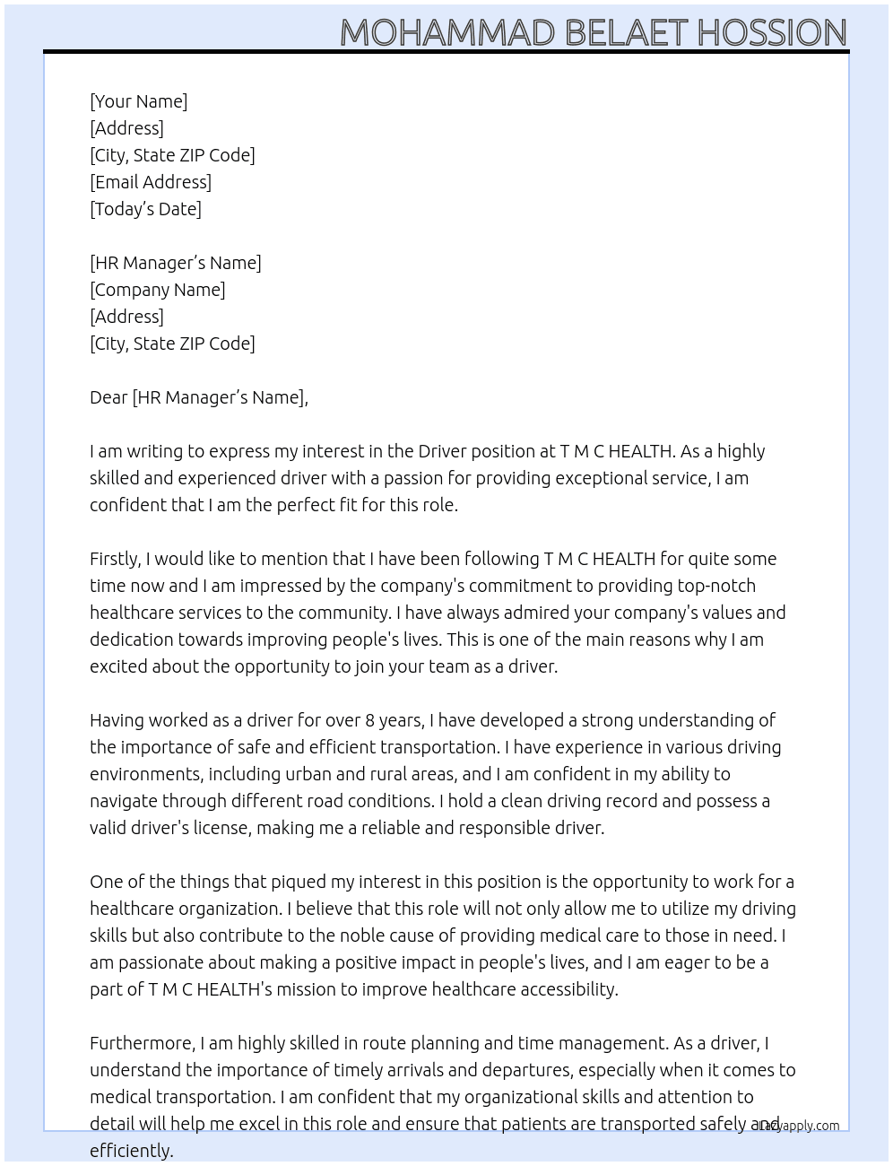 Driver At T M C HEALTH Cover Letter