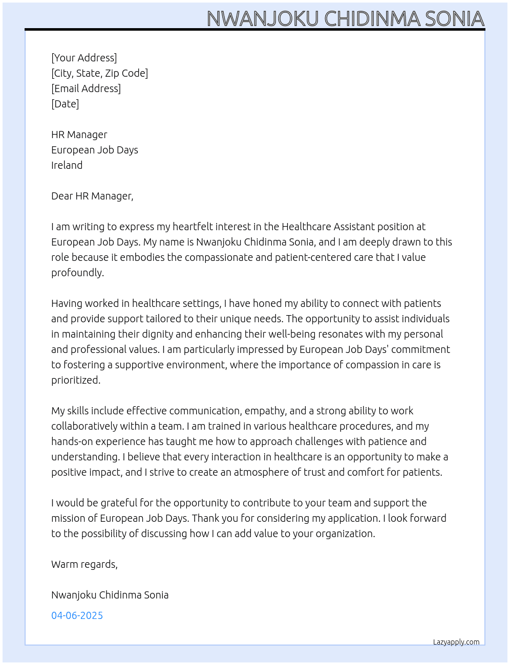 Healthcare Assistant At europeanjobdays.eu. Ireland Cover Letter