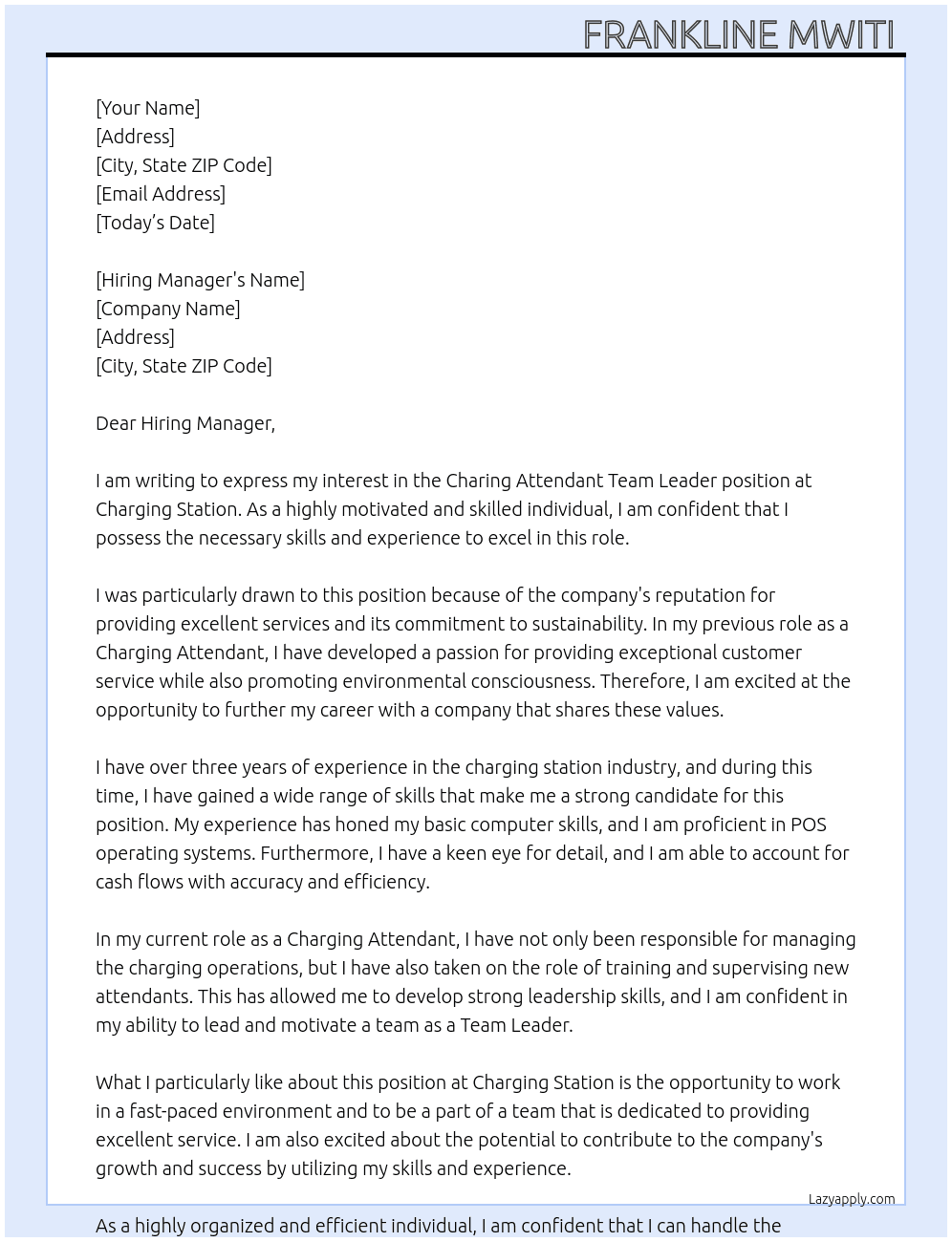 Charing attendant team leader At Charging station  Cover Letter