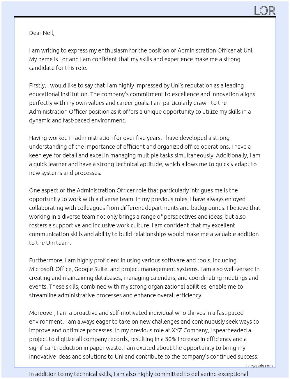 Administration Officer At Uni Cover Letter