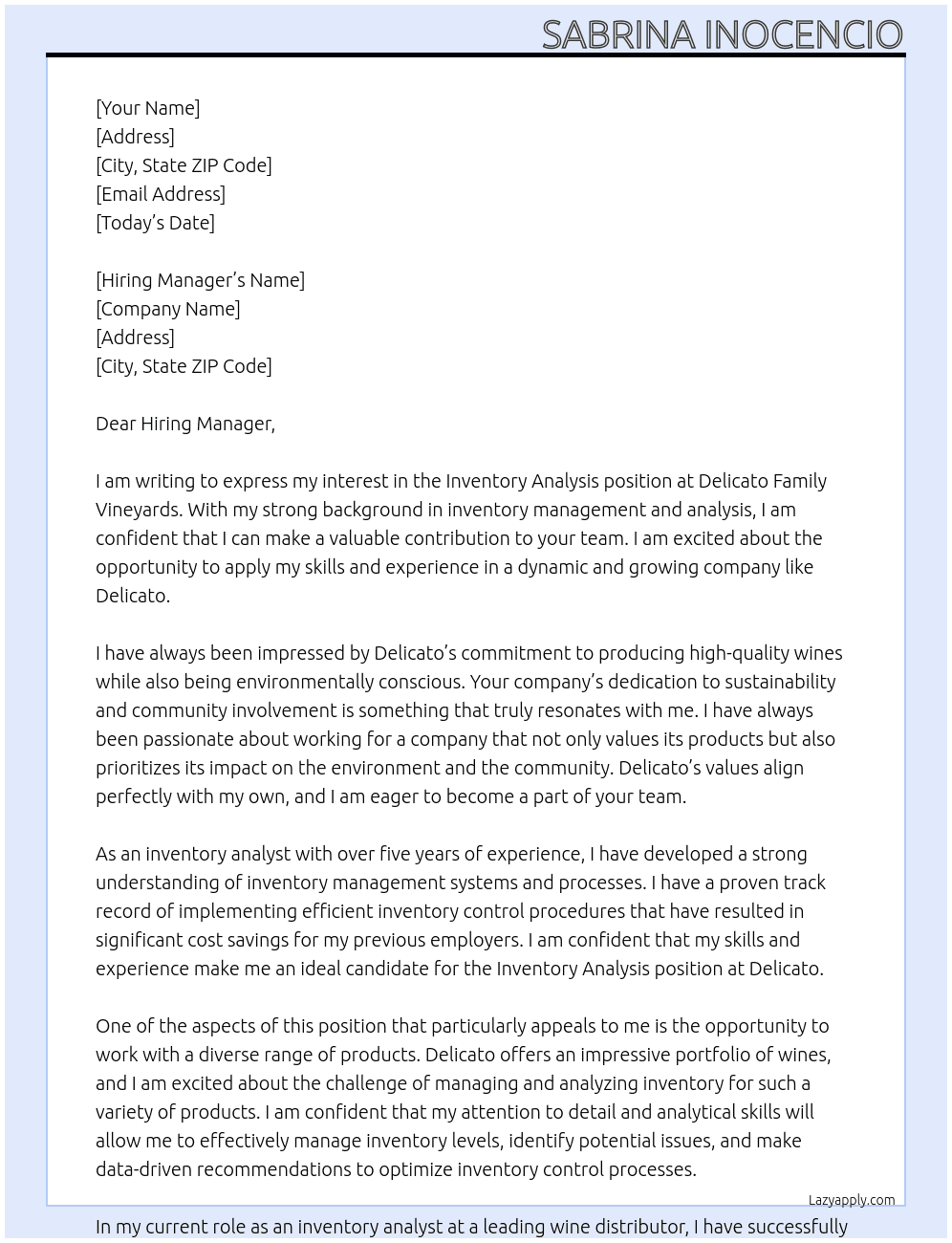 Inventory Analysis  At Delicato Family Vineyards  Cover Letter