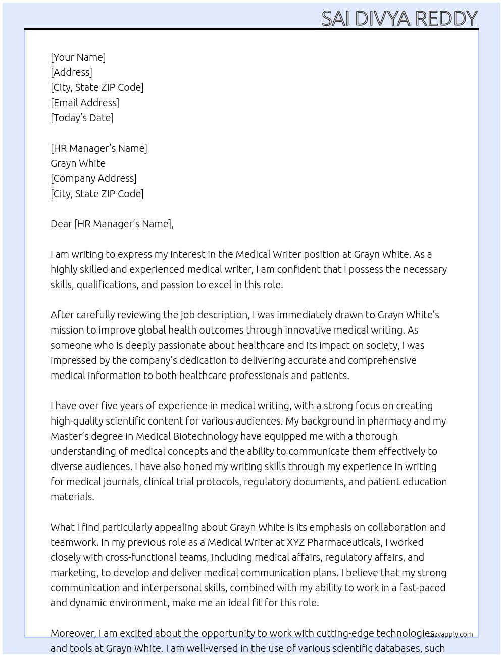 Medical Writer  At Grayn White Cover Letter